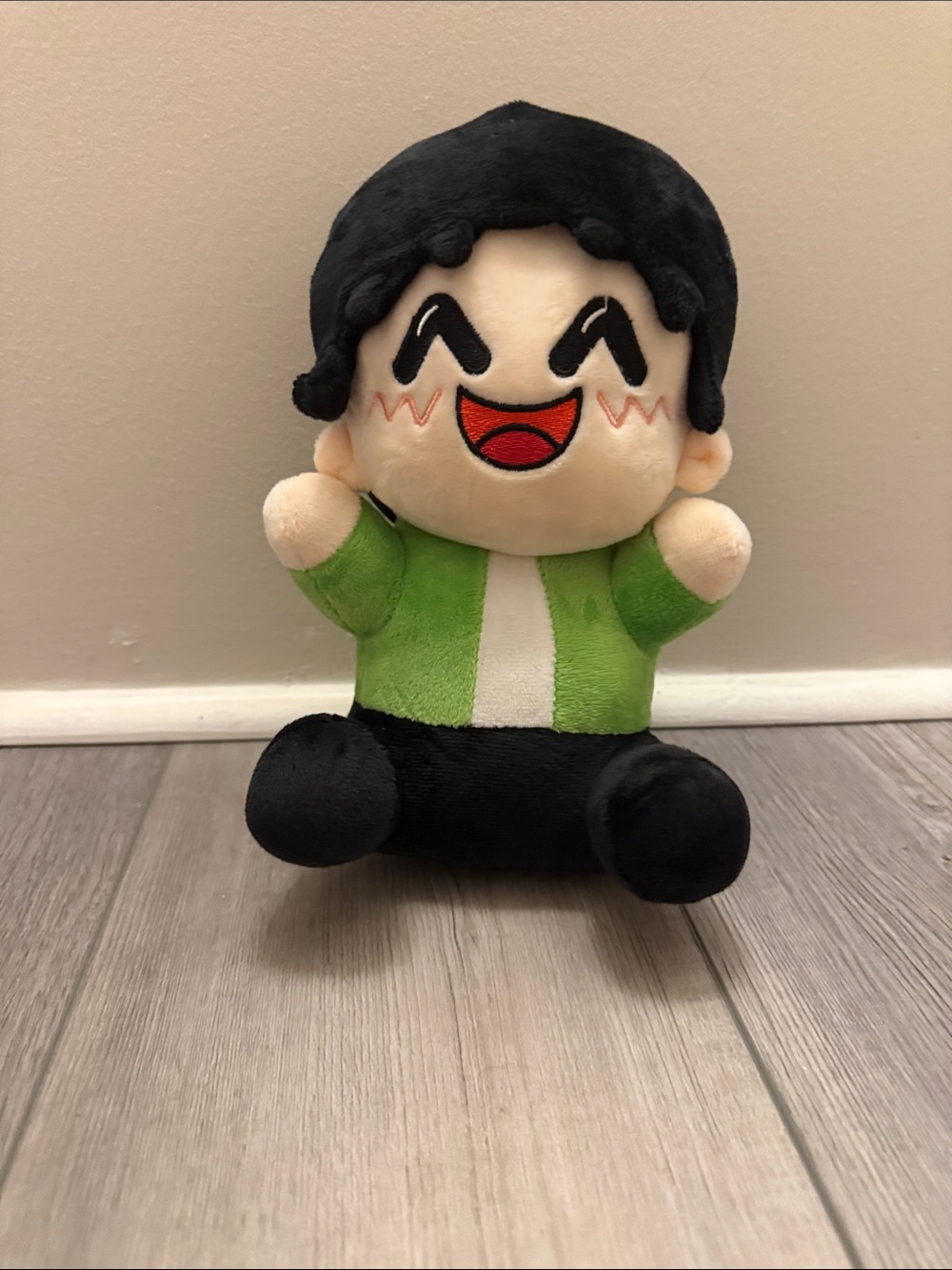 Smiling Plush Doll in Green Jacket and Black Hair
